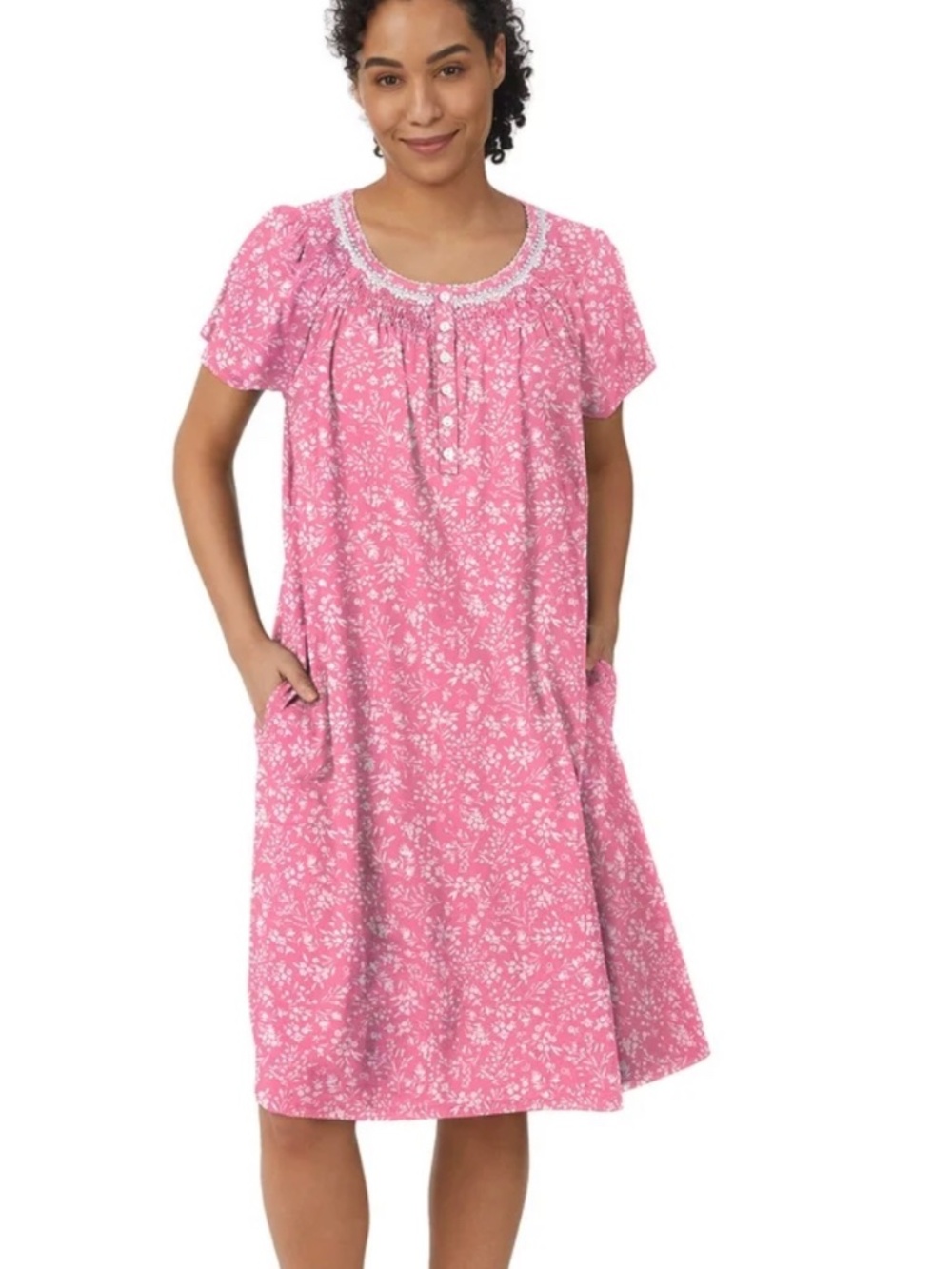 Aria Women's 100% Cotton Raglan Sleeve Smocked Neck Sleepwear Gown L Loungewear
